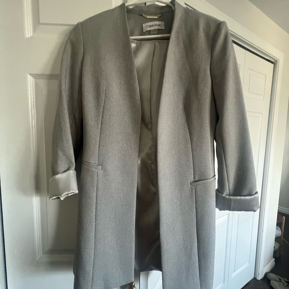 Calvin Klein Gray Long Blazer with Notched Lapels